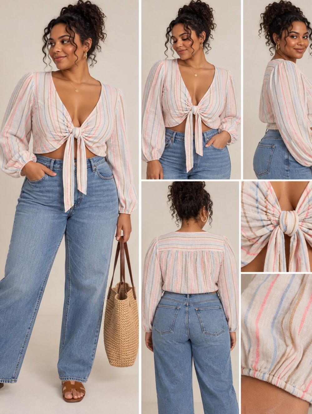 American Eagle XL Striped Linen Blend Tie Front Crop Top